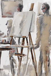 1023051764-DPM++ 2M-7-brush-painted white background canvas with a small single centered painter's atelier, easel, color palette , brush, pale visitor