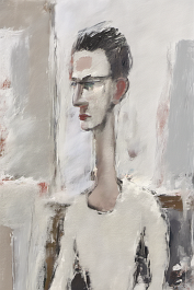 102308153-DPM++ 2M-7-brush-painted white background canvas with a small single centered painter's atelier, pale self-portrait, painting_ _lora_FDandl
