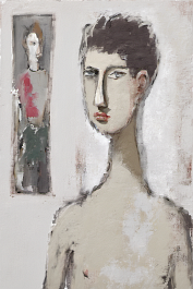 1599739179-DPM++ 2M-7-brush-painted white background canvas with a small single centered painter's portrait-atelier,pale, mirror, painting_ _lora_FDa