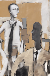 2690422976-DPM++ 2M-7-brush-painted white background canvas with a small single centered painter's atelier, picture-frames, easel, roll of ochre paper