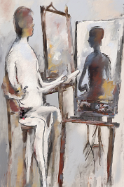 394340046-DPM++ 2M-7-brush-painted white background canvas with a small single centered painter's atelier, easel, oval color palette , brush, pale vi