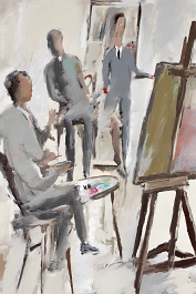 396730073-DPM++ 2M-7-brush-painted white background canvas with a small single centered painter's atelier, easel, oval color palette , table, brush,