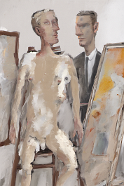 4143078227-DPM++ 2M-7-brush-painted white background canvas with a small single centered painter's atelier, picture-frames, easel, roll of ochre paper