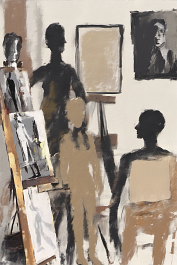 557733435-DPM++ 2M-7-brush-painted white background canvas with a small single centered painter's atelier, picture-frames, easel, roll of ochre paper