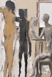 65851524-DPM++ 2M-7-brush-painted white background canvas with a small single centered painter's atelier, picture-frames, easel, roll of ochre paper