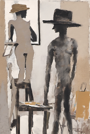 763355563-DPM++ 2M-7-brush-painted white background canvas with a small single centered painter's atelier, picture-frames, easel, roll of ochre paper