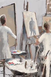 157827333-DPM++ 2M-7-brush-painted white background canvas with a small single centered painter's atelier, easel, oval color palette , table, brush,