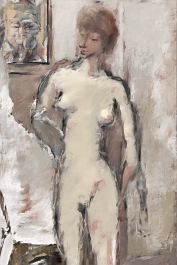 171694301-DPM++ 2M-7-brush-painted white background canvas with a small single centered old antique painter's atelier, nude female model, painting_ _