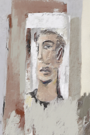 231570935-DPM++ 2M-7-brush-painted white background canvas with a small single centered painter's portrait-atelier,pale, mirror, painting_ _lora_FDa