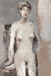 235341137-DPM++ 2M-7-brush-painted white background canvas with a small single centered old antique painter's atelier,pale nude female model, painti