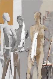 283160674-DPM++ 2M-7-brush-painted white background canvas with a small single centered painter's atelier, picture-frames, easel, roll of ochre paper