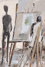 324119563-DPM++ 2M-7-brush-painted white background canvas with a small single centered painter's atelier, easel, oval color palette , brush, pale vi