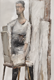 412439203-DPM++ 2M-7-brush-painted white background canvas with a small single centered old antique painter's atelier, pale model, painting_ _lora_FD