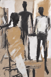 523605187-DPM++ 2M-7-brush-painted white background canvas with a small single centered painter's atelier, picture-frames, easel, roll of ochre paper