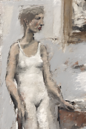 7102755-DPM++ 2M-7-brush-painted white background canvas with a small single centered old antique painter's atelier, pale female model, painting_ _