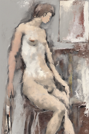 80516850-DPM++ 2M-7-brush-painted white background canvas with a small single centered old antique painter's atelier, nude female model, painting_ _