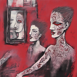 1062631288-DPM++ 2M-7-brush-painted levander to crimson background canvas, tattoo studio, realistic tattooed person, mask, mirror, portrait, window, b