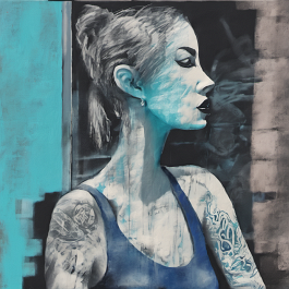 182730898-DPM++ 2M-7-brush-painted darkblue to CYAN to black background canvas, tattoo studio, realistic tattooed girl, mask, mirror, portrait, windo