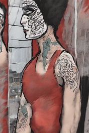 2063552037-DPM++ 2M-7-brush-painted redbrownochre background canvas, tottoo studio, person with realistic tattoos, mask, mirror, window, brush-painti