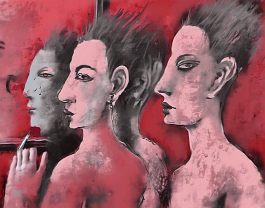 2141810645-DPM++ 2M-7-brush-painted levander to crimson background canvas, tattoo studio, realistic tattooed person, mask, mirror, portrait, window, b