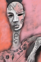 2195122961-DPM++ 2M-7-brush-painted pinkorangebrow background canvas, tottoo studio, person with realistic tattoos, mask, mirror, window, brush-paint