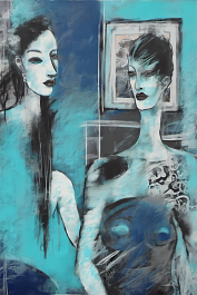 2912396957-DPM++ 2M-7-brush-painted darkblue to CYAN background canvas, tattoo studio, realistic tattooed girl, mask, mirror, portrait, window, brush-