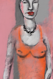 3238932298-DPM++ 2M-7-brush-painted orange to lightgrey to pink background canvas, tattoo studio, realistic tattooed girl, mask, mirror, portrait, win-2