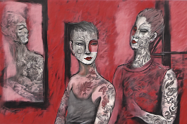3407392713-DPM++ 2M-7-brush-painted levander to crimson background canvas, tattoo studio, realistic tattooed person, mask, mirror, portrait, window, b
