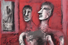 3606379250-DPM++ 2M-7-brush-painted levander to crimson background canvas, tattoo studio, realistic tattooed person, mask, mirror, portrait, window, b