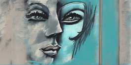 3856048622-DPM++ 2M-7-brush-painted darkblue to CYAN to black background canvas, tattoo studio, realistic tattooed girl, mask, mirror, portrait, windo