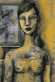3863228583-DPM++ 2M-7-brush-painted blue to dARKCYAN background canvas, tattoo studio, realistic tattooed girl, mask, mirror, portrait, window, brush-