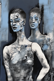 4037231946-DPM++ 2M-7-brush-painted darkblue to CYAN to black background canvas, tattoo studio, realistic tattooed girl, mask, mirror, portrait, windo