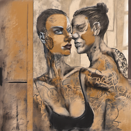 4043614819-DPM++ 2M-7-brush-painted ochre to tan background canvas, tattoo studio, realistic tattooed person, mask, mirror, portrait, window, brush-pa