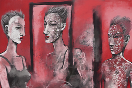 4161657605-DPM++ 2M-7-brush-painted levander to crimson background canvas, tattoo studio, realistic tattooed person, mask, mirror, portrait, window, b