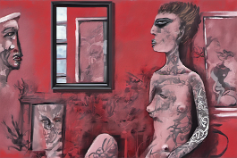 48725746-DPM++ 2M-7-brush-painted levander to crimson background canvas, tattoo studio, realistic tattooed person, mask, mirror, portrait, window, b