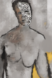 540167405-DPM++ 2M-7-brush-painted brown to yellowgrey background canvas, tottoo studio, person with realistic tattoos, mask, mirror, window, brush-