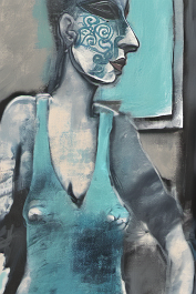 560498653-DPM++ 2M-7-brush-painted darkblue to CYAN to black background canvas, tattoo studio, realistic tattooed girl, mask, mirror, portrait, windo