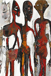 3811984955-DPM++ 2M-7-full body african statue, african masks, surrealistic, bizarre, naive, pop art, ochre to sienna to red, thick black scribble_ _l