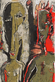 3920627334-DPM++ 2M-7-half body african statue, african masks, surrealistic, bizarre, naive, pop art, ochre to sienna to red, thick black scribble, ol