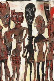 4079542089-DPM++ 2M-7-full body african statue, african masks, surrealistic, bizarre, naive, pop art, ochre to sienna to red, thick black scribble_ _l