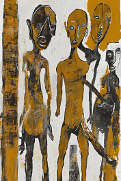 4193412391-DPM++ 2M-7-full body african statue, african masks, surrealistic, bizarre, naive, pop art, ochre to sienna, thich black scribble_ _lora_FDa