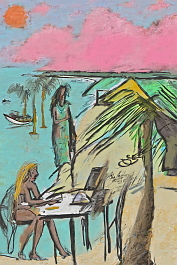 1245186621-DPM++ 2M-8-surrealistic, naive, bizarre,_BREAK_sky orange to pink,_BREAK _green palm leaves at foreground, sandy beach, yellow to ochre,_