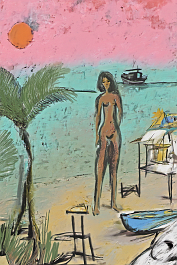 1635051873-DPM++ 2M-8-surrealistic, naive, bizarre,_BREAK_sky orange to pink,_BREAK _green palm leaves at foreground, sandy beach, yellow to ochre,_