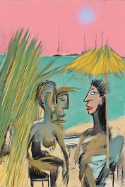 1989378635-DPM++ 2M-8-surrealistic, naive, bizarre,_BREAK_sky orange to pink,_BREAK _green palm leaves at foreground, sandy beach, yellow to ochre,_