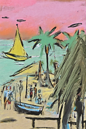 2227569762-DPM++ 2M-8-surrealistic, naive, bizarre,_BREAK_sky orange to pink,_BREAK _green palm leaves at foreground, sandy beach, yellow to ochre,_