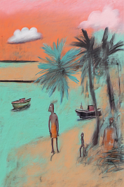 2310550517-DPM++ 2M-8-fine art painting, surrealistic, naive_BREAK_sky orange to pink, one little cloud,_BREAK _violet to turquoise sea,boat, palm tr