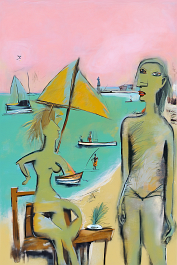 2541582315-DPM++ 2M-8-surrealistic, naive, bizarre,_BREAK_sky lightorange to lightpink, lighthouse,_BREAK _green palm leaves at background, sandy bea