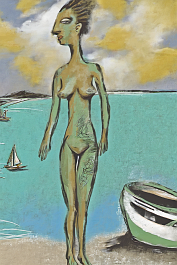 2563621581-DPM++ 2M-8-caribbean, surrealistic, full body lady portrait, boat,_BREAK_clouds, sky, ochre to lightyellow,_BREAK _sea, island, palm tree,
