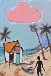 2833278580-DPM++ 2M-8-fine art painting, surrealistic, naive_BREAK_sky orange to pink, one little cloud, sunlight,_BREAK _violet to turquoise sea,boa