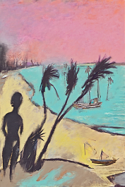 3188325669-DPM++ 2M-8-fine art painting, surrealistic, _BREAK_sky orange to pink,_BREAK _violet to turquoise sea,boat, palm tree, hut, beach,black li